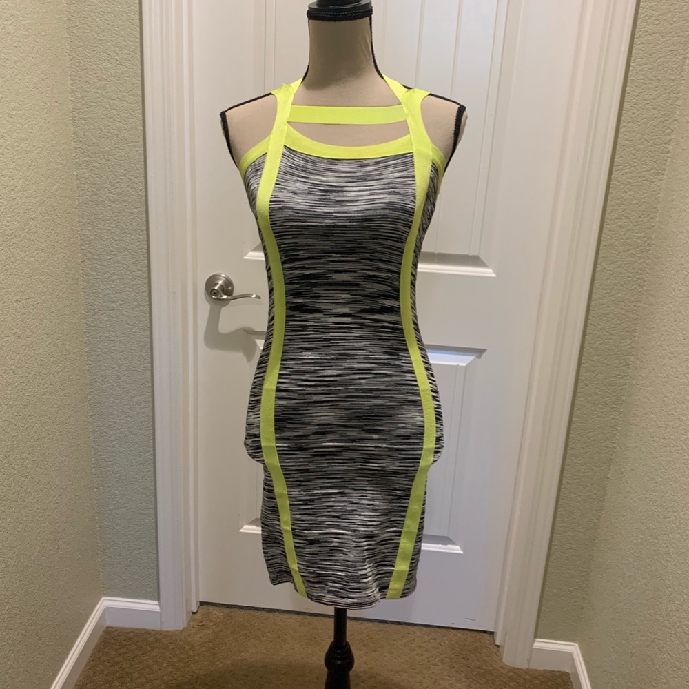 Bebe Neon Yellow Color Block Cut Out Dress